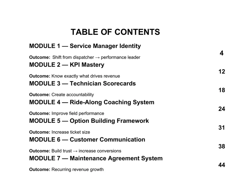 The top of the table of contents of the Elite HVAC Service Manager System overview, modules 1 to 7