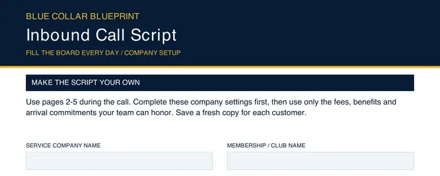 Top of the first page of the Blue Collar CSR Call Booking Guide