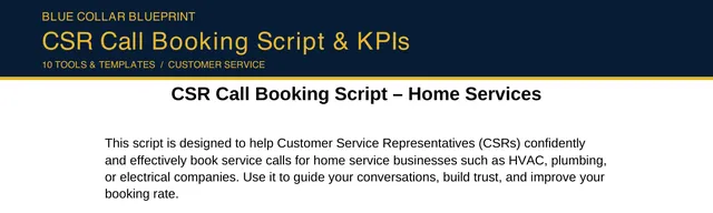 Top of the first page of the Blue Collar CSR Call Booking Script and KPIs