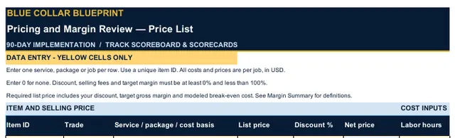 Top of the first page of the Blue Collar Pricing and Margin Review